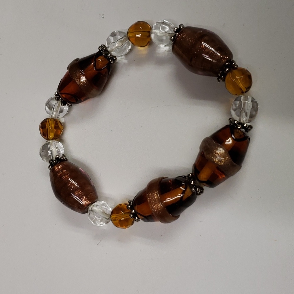 Brown Beaded Stretch Bracelet – Faceted Amber Boho Artisan Style Jewelry